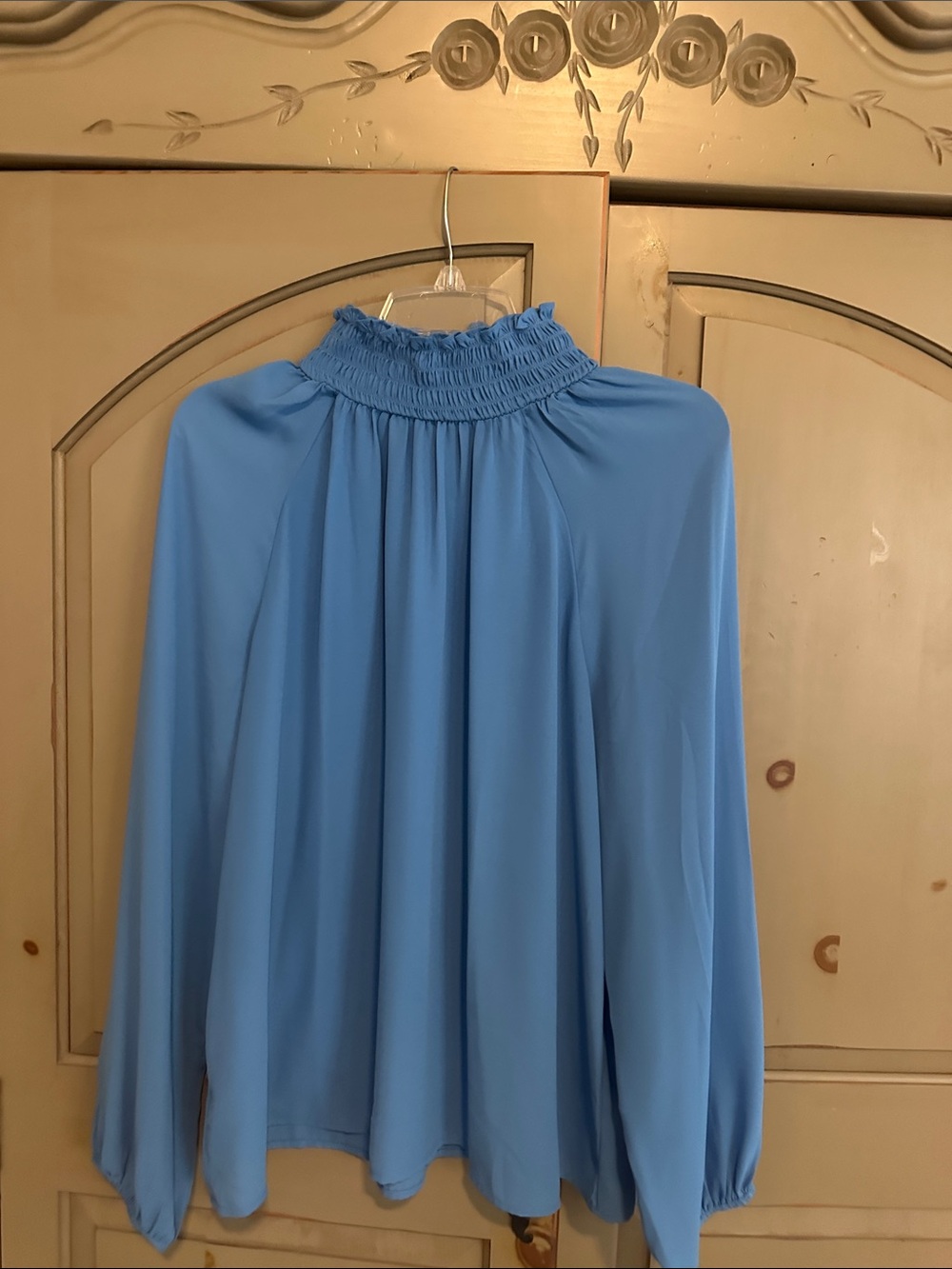 LOFT Blue Smocked High-Neck Long-Sleeve Blouse